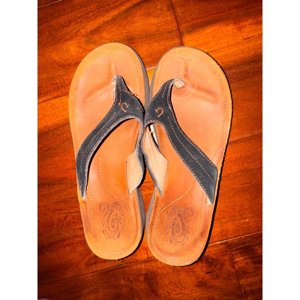 Olukai Lani Black Tan Leather Wedge Thong Sandals Womens 7 20113-4064 GF-200